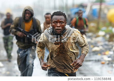 African protest of aggressive black people, armed angry activists flee. 119156646