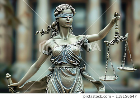 Blind justice statue. concept of woman in blindfold holding sword and scales in hand, close-up book library background. 119156647
