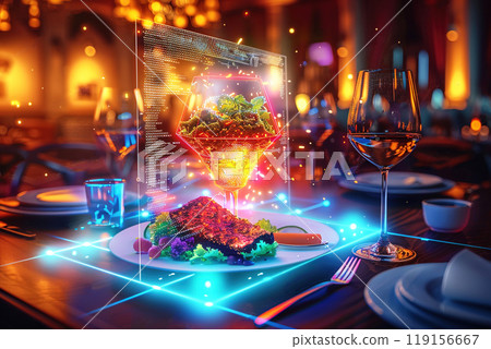 dish is ready in virtual menu of restaurant, modern technology of business of digital online service of Internet. 119156667