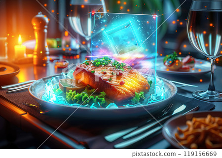 Fried fish steak in virtual menu of restaurant, modern technology of business of digital online service internet. 119156669