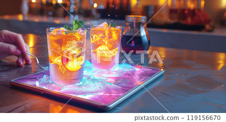 Drinks cocktail in virtual menu of restaurant, modern technology of business of digital online service of Internet. 119156670