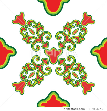 Floral pattern Tatar Native Ornamental border with tulips. Culture of the Tatar people, symbols of green and red Floral pattern Tatar Native Ornamental border with tulips. Culture of the Tatar people, symbols of green and red 119156739