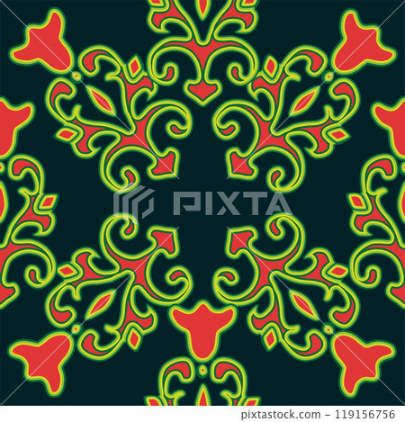 Floral pattern Tatar Native Ornamental border with tulips. Culture of the Tatar people, symbols of green and red Floral pattern Tatar Native Ornamental border with tulips. Culture of the Tatar people, symbols of green and red 119156756