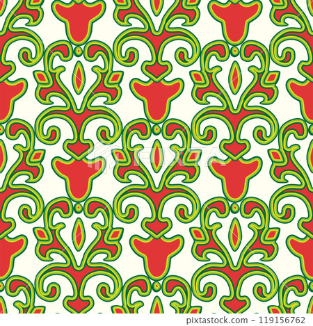 Floral pattern Tatar Native Ornamental border with tulips. Culture of the Tatar people, symbols of green and red Floral pattern Tatar Native Ornamental border with tulips. Culture of the Tatar people, symbols of green and red 119156762