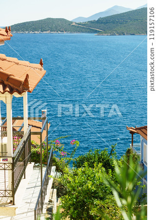 Roof of greek house in suburbs 119157106