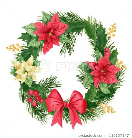 Holly leaves, pine, poinsettia and berry Christmas wreath with red bow, watercolor illustration. Clipart isolated element on white background Holly leaves, pine, poinsettia and berry Christmas wreath with red bow, watercolor illustration. Clipart isolated element on white background 119157347