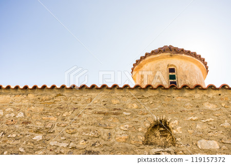 Detail of architecture church in Vathia town, Mani Greece. 119157372