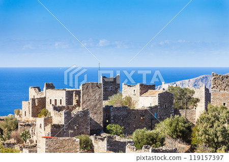 Old tower houses in village Vathia on Mani, Greece Old tower houses in village Vathia on Mani, Greece 119157397