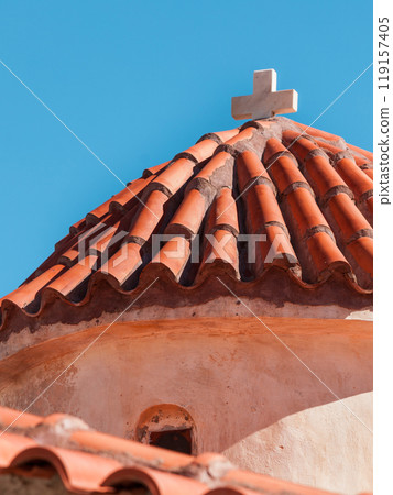 Detail of architecture church in Vathia town, Mani Greece. 119157405