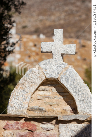 Greek stone cross on burial ground Greek stone cross on burial ground 119157411