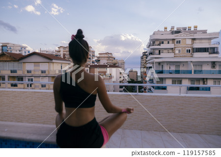 Experience Serene Meditation Over a Bustling Cityscape, Blending Urban Life and Calmness Experience Serene Meditation Over a Bustling Cityscape, Blending Urban Life and Calmness 119157585