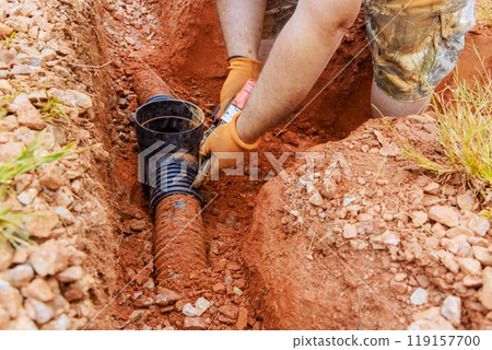 An underground storm sewer pipe has been replaced to replace damaged drainage system for collecting rainwater. An underground storm sewer pipe has been replaced to replace damaged drainage system for collecting rainwater. 119157700
