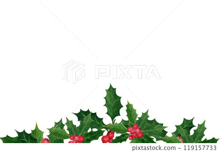 Horizontal composition with holly and berries. Hand drawn watercolor isolated element on a white background for greeting cards, postcards, patterns Horizontal composition with holly and berries. Hand drawn watercolor isolated element on a white background for greeting cards, postcards, patterns 119157733