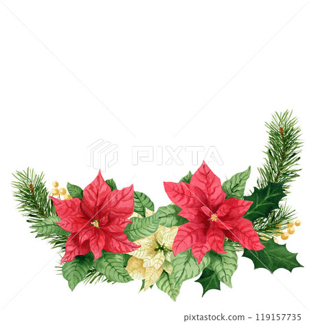 Composition with holly, pine and poinsettia, watercolor Christmas bouquet. Hand-painted watercolor element for New year invitations, or greeting cards Composition with holly, pine and poinsettia, watercolor Christmas bouquet. Hand-painted watercolor element for New year invitations, or greeting cards 119157735