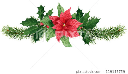 Composition with holly, pine and poinsettia, watercolor Christmas bouquet. Hand-painted watercolor element for New year invitations, or greeting cards Composition with holly, pine and poinsettia, watercolor Christmas bouquet. Hand-painted watercolor element for New year invitations, or greeting cards 119157759