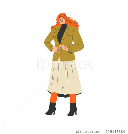 Woman Character Dress Up Put On Clothes Button Jacket Vector Illustration 119157884