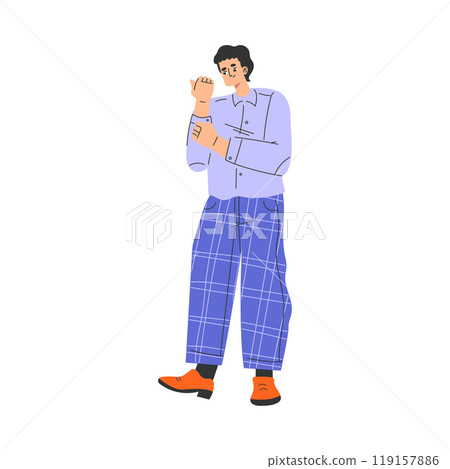 Man Character Dress Up Put On Clothes Button Shirt Sleeve Vector Illustration 119157886