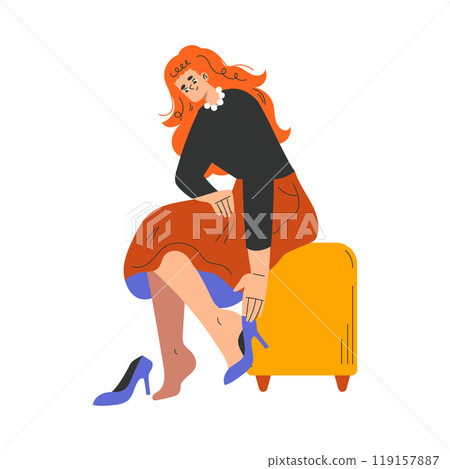 Woman Character Dress Up Put On Heeled Shoes Vector Illustration 119157887