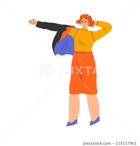 Woman Character Dress Up Put On Jacket Clothes Vector Illustration 119157901