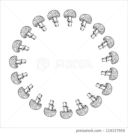 Round frame made of hand-drawn mushroom in black ink on a white background 119157950
