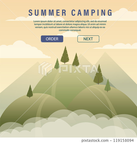 Travel and camping advertising background. Summer mountains and forest. Vacation journey 119158094