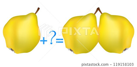 Action relationship of addition, examples with quinces. Educational game for children. Action relationship of addition, examples with quinces. Educational game for children. 119158103