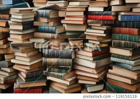 Stacked vintage books in various colors 119158119