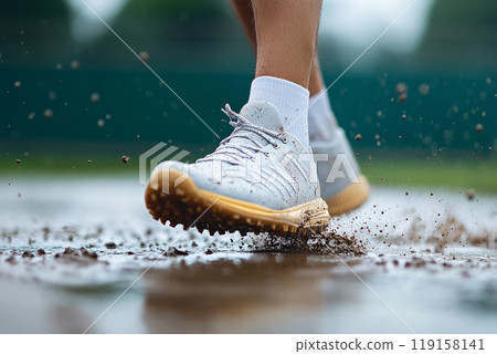 Muddy sneakers after outdoor run on wet road 119158141