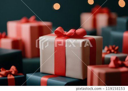 Colorful gift box wrapped in paper with a satin ribbon, surrounded by other presents Colorful gift box wrapped in paper with a satin ribbon, surrounded by other presents 119158153