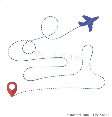 Vector plane line path vector icon of air plane flight route with start point and dash line trace Vector plane line path vector icon of air plane flight route with start point and dash line trace 119158188