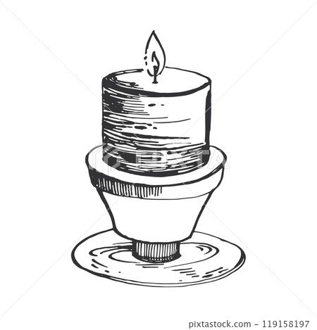 Candle on a candlestick, a burning candle hand-drawn with black ink on a white background. Magic, Halloween illustration. Suitable for printing on fabric, paper, for posters, invitations, postcards. Candle on a candlestick, a burning candle hand-drawn with black ink on a white background. Magic, Halloween illustration. Suitable for printing on fabric, paper, for posters, invitations, postcards. 119158197