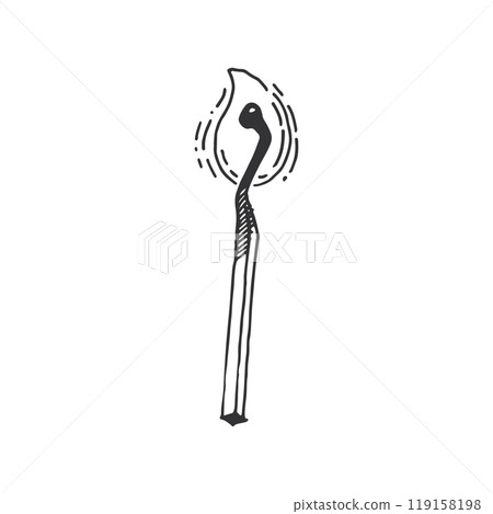 Burning match, vector illustration. Burning match of curved shape hand drawn with black ink on white background. Vector illustration. Suitable for Halloween invitations, cards, design. 119158198