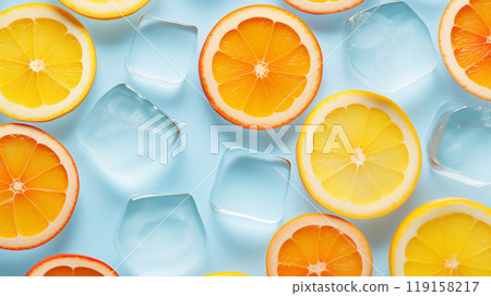 background of lemon and orange slices and ice cubes on a pale blue background background of lemon and orange slices and ice cubes on a pale blue background 119158217