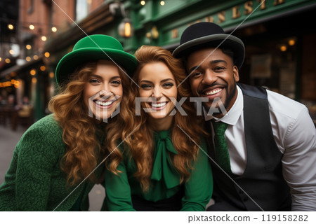 smiling young people in green St. Patrick's top hats celebrating St. Patrick's Day smiling young people in green St. Patrick's top hats celebrating St. Patrick's Day 119158282