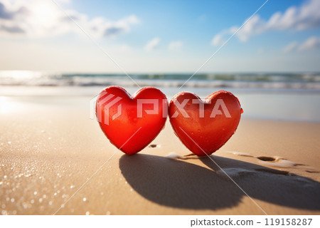 two red hearts on the sand against the background of the ocean on a sunny day 119158287