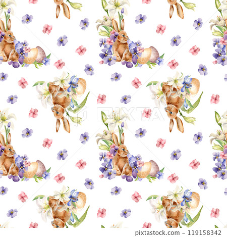 Easter rabbit, eggs and flowers seamless pattern isolated on white. Watercolor hare and blue, pink flowers hand drawn. Print of white lily hand painted. For design textile, package, wrapping paper Easter rabbit, eggs and flowers seamless pattern isolated on white. Watercolor hare and blue, pink flowers hand drawn. Print of white lily hand painted. For design textile, package, wrapping paper 119158342