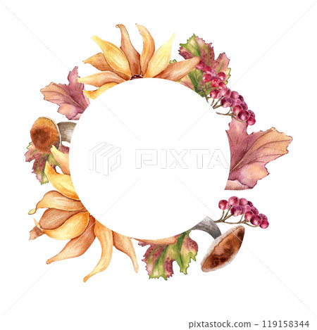 Autumn floral frame of watercolor sunflower, mushrooms and red berries isolated. Seasonal foliage wreath with bolete, viburnum and rowan hand drawn. Fall botanical frame of yellow flowers petals. 119158344