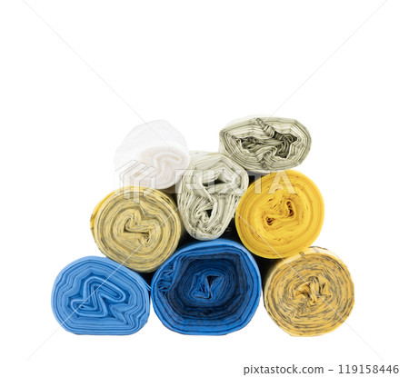some rolls of colored plastic bags for waste sorting some rolls of colored plastic bags for waste sorting 119158446