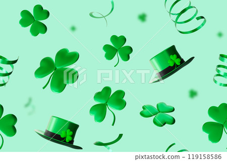 Seamless St. Patrick's Day pattern with clover, shamrock. Repeating design is festive and vibrant, ideal for creating holiday-themed decorations, fabrics and packages or wrapping paper. 3D render. 119158586