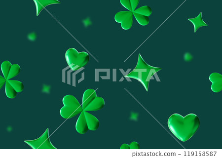 Seamless St. Patrick's Day pattern with clover, shamrock. Repeating design is festive and vibrant, ideal for creating holiday-themed decorations, fabrics and packages or wrapping paper. 3D render. 119158587