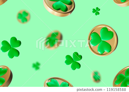 Seamless St. Patrick's Day pattern with clover, shamrock. Repeating design is festive and vibrant, ideal for creating holiday-themed decorations, fabrics and packages or wrapping paper. 3D render. 119158588