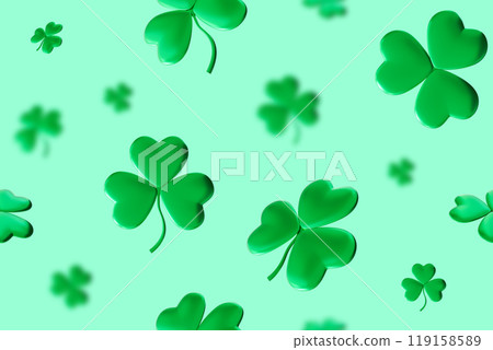 Seamless St. Patrick's Day pattern with clover, shamrock. Repeating design is festive and vibrant, ideal for creating holiday-themed decorations, fabrics and packages or wrapping paper. 3D render. 119158589