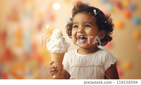 Indian POC little girl enjoying ice cream cone, copy space Indian POC little girl enjoying ice cream cone, copy space 119158594