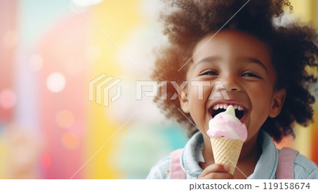 Latin American child portrait enjoying color ice cream cone, copy space Latin American child portrait enjoying color ice cream cone, copy space 119158674