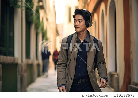 Asian Man Enjoying Urban Walk on city streets with music on his headphones 119158675