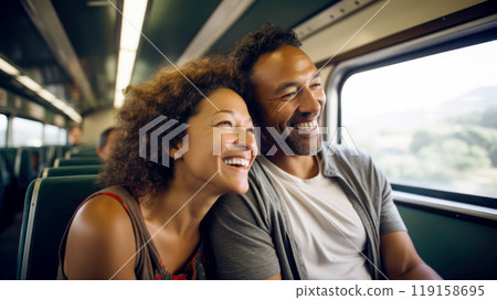 Mixed race middle aged couple travelling by train, responsible travel concept 119158695