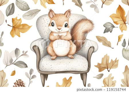 Whimsical Watercolor Illustration of a Baby Squirrel Sitting in a Chair Surrounded by Leaves, Perfect for Children's Book or Nursery Decor Generative AI 119158744