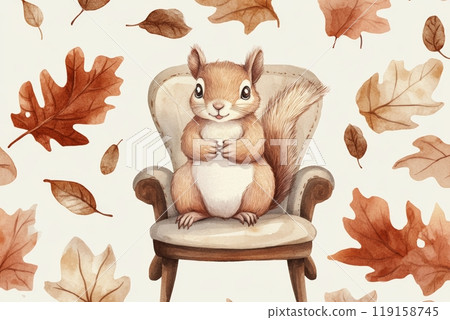 Whimsical Watercolour Illustration of a Baby Squirrel Sitting in a Chair Surrounded by Leaves Generative AI 119158745