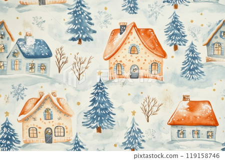 Whimsical Watercolor Pattern with Houses and Christmas Trees for Children's Design Generative AI 119158746