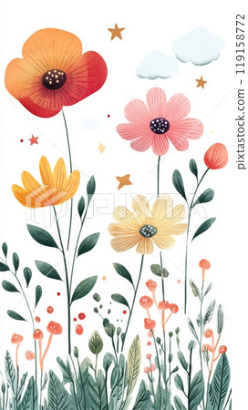 Whimsical Night Sky with Florals and Clouds, Ideal for Fantasy and Nature Designs Generative AI 119158772